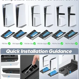 PS5/Slim/Pro Stand for Disc & Digital Console, PS5 Cooling & Charging Station with RGB Ambient Lighting, PS5 Controller Charger Built-in 3 Level Fan, PS5/Slim/Pro Accessories Comes 3 USB Ports image 1