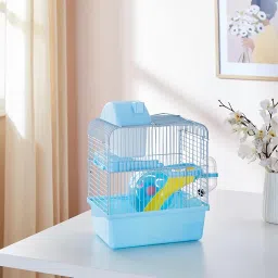 AMAZON BASICS Hamster, Gerbil, Guinea Pig CAGE and Playhouse, Double Story with Slide, Exercise Wheel and Feeding Bottle | 27 X 17.5 X 17.5 CM | Blue image 4