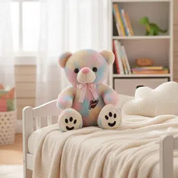 Pastel Rainbow Teddy Bear with Heart Design, Plush Stuffed Animal, Smiley Feet, Pink Bow image 1