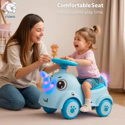 Storio Elephant Baby Ride-On Car Toy with Light and Music | Push Car for Kids with Backrest & Steering, Blue Color, 1-3 Years | Sky Blue image 1