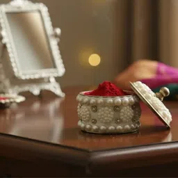 Handcrafted White Moti Sindoor Dibbi Brass Kumkum Box for Married Women; Fancy Sindoor Dani/Earrings Jewelry Storage; Decorative Gift H-5 x D-5 cm image 1