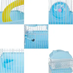 AMAZON BASICS Hamster, Gerbil, Guinea Pig CAGE and Playhouse, Double Story with Slide, Exercise Wheel and Feeding Bottle | 27 X 17.5 X 17.5 CM | Blue image 2