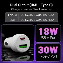 Zebronics 48W Car Charger with Dual Output - Type-C & USB, Compact Design, Over Current & Short Circuit Protection, LED Indicator, Rapid Charging, 1m Type-C to Type-C Cable (CC48 Plus, White) image 1