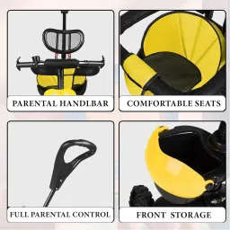 FLAMMABLE 3-in-1 Kids Tricycle with Parent Push Handle, Black and Blue, Adjustable Seat, Safety Harness, Storage Basket (Yellow) image 3