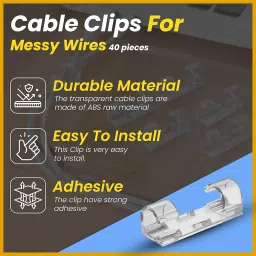 40 Pcs Cable Clips for Wire Management on Wall | Self-Adhesive Wire Organizer Clips for Wall Desk Office Home | Heavy Duty Cable Clips for Laptop Computer | Transparent Wire Clips (9mm) image 1