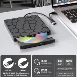 ROOFULL External CD DVD Drive, USB 3.0 Type-C Portable CD/DVD Player Burner Reader Writer Recorder for Laptop Windows 11/10/8/7 Mac MacBook Linux PC, RF868 image 1