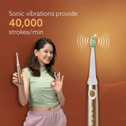AGARO COSMIC MAX Sonic Electric tooth brush for adults with 5 modes, 7 brush heads, 1 Interdental head and rechargeable with 4 hours charge lasting up to 25 days (Champagne Gold) image 1