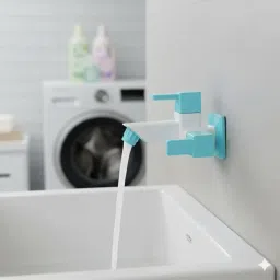 YOLO Plastic Faucet 2 in 1 Bib Cock Tap for Bathroom with 90° Water Flow | Tap for Bathroom & Outdoor with Flange|Blue & White image 1