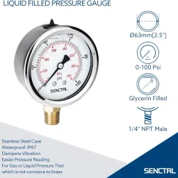 SENCTRL 0-100 Psi Glycerin Liquid Filled Low Pressure Gauge, 2.5" Dial Size, 1/4" NPT Lower Mount, Stainless Steel Case, for Water Pump, Pneumatic Air, Well, RV Hose, Tank, Gas Pressure Test image 1