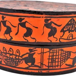 Multipurpose multi-colour Saurachitra Decorative round box Box-S-103 | hand made hand painted tribal craft |storage box with lid| size 4 inch dia X 2.5 inch deep image 2