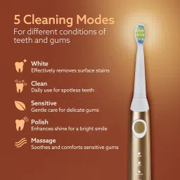 AGARO COSMIC MAX Sonic Electric tooth brush for adults with 5 modes, 7 brush heads, 1 Interdental head and rechargeable with 4 hours charge lasting up to 25 days (Champagne Gold) image 2