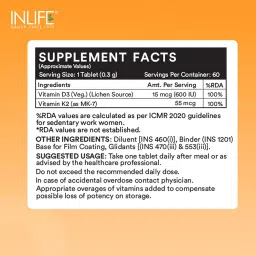 INLIFE Vitamin D3 K2 Supplement | Derived from Lichen (Plant Based) & Vitamin K2 (MK7) | Supports Bone, Teeth, Heart, Immunity, Mood, Strength, Recovery | For Men & Women - 60 Vegetarian Tablets image 1