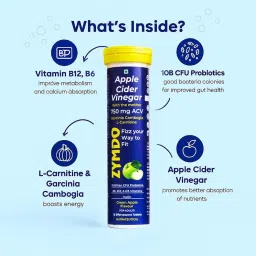 Zymdo Apple Cider Vinegar Effervescent Tablets – 750mg | Pack of 1 | L-Carnitine | Garcinia Cambogia | Pomegranate Extract | 10 Billion CFU Probiotics | Vitamins D3, B6 & B12 | Inulin image 3