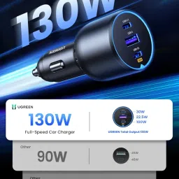 UGREEN 130W Laptop USB C Car Charger Fast Charging, 3 Ports Cigarette Lighter Adapter, PD3.0/QC4.0/PPS 45W, LED Light, Compatible with MacBook, iPad, iPhone 16 Pro Max, Galaxy S24 Ultra, Black image 1