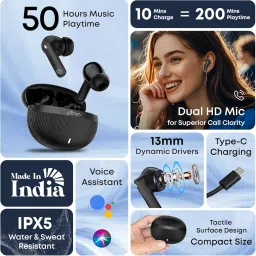 pTron Bassbuds Fury in-Ear TWS Earbuds with 13mm Drivers, 50Hrs Playtime, AI-ENC Clear Calls, Bluetooth V5.4 Wireless Headphones, Voice Assistant, Type C Charging & IPX5 Water Resistant (Black) image 1