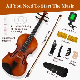 PHOENIX Violin 4/4 Full Size Kit, Violin Fiddle Set for Beginner Adults Student with Rosewood Bow, Extra Strings & Bridge, 2 Rosins, Tuner, Case, Mute, Fingerboard Stickers, Shoulder Rest (1/4) image 5