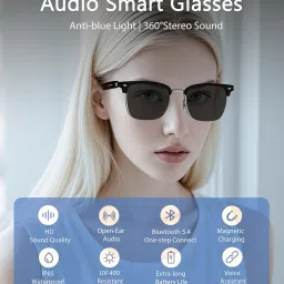 Smart Glasses, Bluetooth 5.4 Sunglasses for Men & Women with Open Ear Speaker, Voice Assistant Compatible, Blue Light Filter & UV Pretection Lenses for Android/iOS, Half Frame Sunglasses, Black image 1