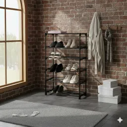 KYNE 5-Tier Shoe Rack Organiser, Black Plastic Storage Shelf, Compact Footwear Stand, ShoeRack Plastic 5 Shelf (All Black) image 1