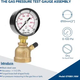 SENCTRL 0-100 Psi Gas Pressure Test Gauge, 2" Dial Size, 3/4” FNPT Connection, Brass Valve, Forged Brass Bell Shape Body Assembly image 1