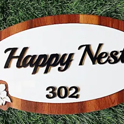 Branders Brown And white combination oval shape name plate with side flowers and 2mm thick laser cut black acrylic letters for home door entrance.(Various sizes). (16x8) image 2