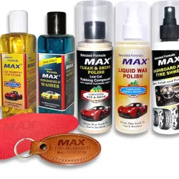 MAX Premium Car Care Kit (Pack of 6 Items of 200 ML Each, 1 Pc Microfiber Cloth 350 GSM, 4 Pcs Foam Applicators and 1 Pc Leather Keychain) for Car Cleaning, Washing, Conditioning, Rubbing and Polishing image 1
