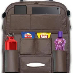 TSKN Premium Brown Car Backseat Organizer with Foldable Tray | Multi-Pocket Storage for Tablets, Phones, Bottles & Travel Essentials image 1