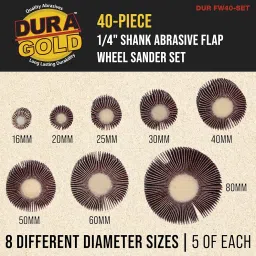 Dura-Gold 40-Piece 1/4" Shank Abrasive Flap Wheel Sander Set, 80 Grit Aluminum Oxide Sandpaper - 8 Cylindrical Diameter Sanding Wheel Sizes - Use Drills, Grinders to Sand Grind Strip Metal, Wood Paint image 1