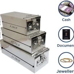 Stainless Steel safe Locker Boxes For Cash Peti Pooja Jewellery set Box (Multi_Pack of 3) Size -8 Inch, 10 Inch, 12 Inch (Plain Set) image 3