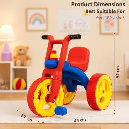 Kids Tricycle with Horn, Ergonomic Seat, Wide Wheels for Stability, Non-Toxic Durable Plastic, Red and Blue image 1