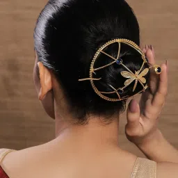 viana jewels Dragonfly Hair Bun with Blue Crystal, Gold-Toned, Decorative Hair Accessory, Brass image 1