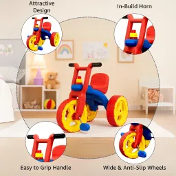 Kids Tricycle with Horn, Ergonomic Seat, Wide Wheels for Stability, Non-Toxic Durable Plastic, Red and Blue image 4