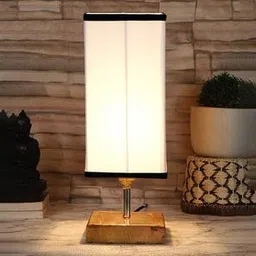 devansh Eulalie White & Black Cotton Table Lamp With Square Natural Wood Base-picture-17