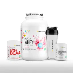 HEALTHFARM Muscle Building Stack1 (Muscle whey Rose Milk 1kg+ Intra BCAA island fusion+creatine 100gm+Plastic Shaker-image-41