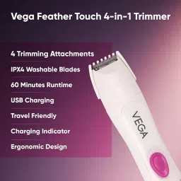 VEGA Feather Touch Rechargeable Cordless 4-in-1 Dry Trimmer for Body, Eyebrow, Nose & Face for Women (60mins Runtime, Washable Blade, White) image 2