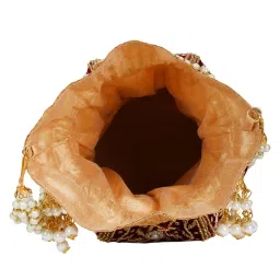 Anekaant Maroon & Gold Lotus Embellished Velvet Potli image 5