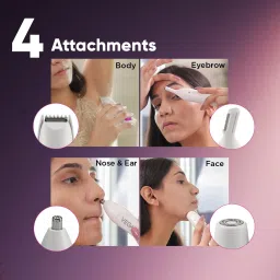 VEGA Feather Touch Rechargeable Cordless 4-in-1 Dry Trimmer for Body, Eyebrow, Nose & Face for Women (60mins Runtime, Washable Blade, White) image 3