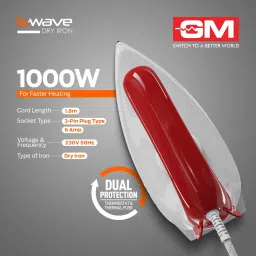GM Wave 1000 Watts Dry Iron (Aerodynamic Design, 45DIWV105RDPLFT, Red) image 3