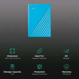 wd Western Digital My Passport 4TB USB 3.2 Hard Disk Drive (WDBPKJ0040BBL-WESN, Blue) image 3