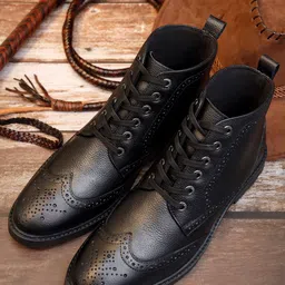 LOUIS STITCH Men Jet Black Egyptian Milled Leather Mid-Top Chukka Brogue Boots-picture-35