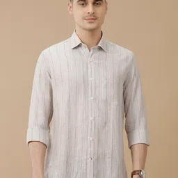 Linen Club Men Contemporary Slim Fit Striped Opaque Linen Casual Shirt-image-50