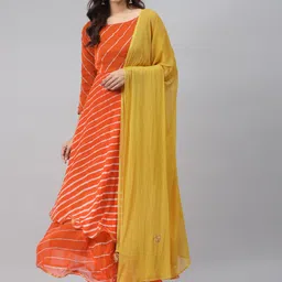 Rangpur Women Orange & Mustard Yellow Leheriya Print Maxi Anarkali Dress with Dupatta-picture-31