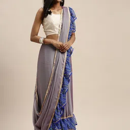 Mitera Grey Solid Poly Chiffon Ruffled Saree-picture-16