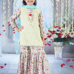 Little Bansi Girls Floral Printed Pure Cotton Kurta with Sharara & With Dupatta-picture-26