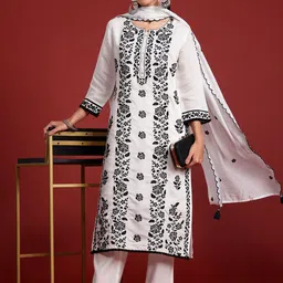Indo Era Floral Embroidered Thread Work Kurta With Trousers & Dupatta-picture-47