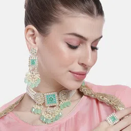Peora Women Gold-Plated Kundan Studded Layered Choker Necklace with Earrings & Finger Ring-picture-35