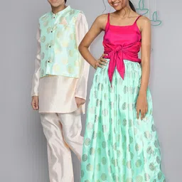 YK Girls Fuchsia & Mint Green Sibling Collection Ready to Wear Lehenga & Choli-image-26