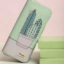 Berrylush Women Green & Pink Printed Zip Detail Zip Around Wallet-image-32