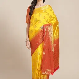 RAJGRANTH Yellow & Red Ethnic Motifs Zari Banarasi Saree-image-22