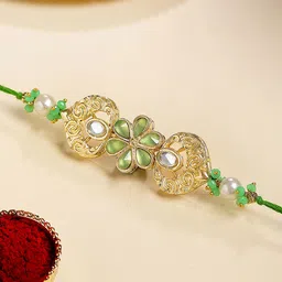 KARATCART Gold Plated Crystal Floral Kundan Bhaiya Thread Rakhi With Roli Chawal-picture-35