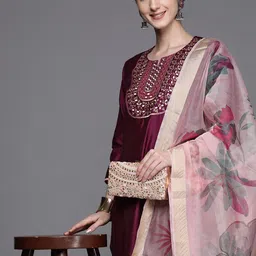Indo Era Women Purple Embroidered Sequinned Liva Kurta with Trousers & With Dupatta-picture-20